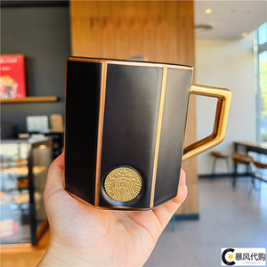 星巴克圣诞节黑金切面款马克杯陶瓷铜章咖啡杯桌面水杯子送礼女生