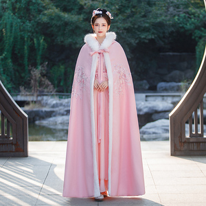 粉色斗篷汉服女秋冬款长款加绒加厚外套古风披肩仙女古装披风显瘦