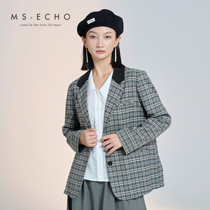 MSEcho【商场同款】复古风经典格纹拼接宽松西装FW22312B短外套女