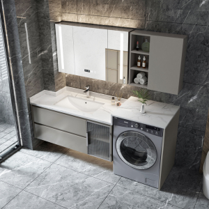 定制阳台洗衣机一体柜高低岩板浴室柜组合轻奢实木台盆卫浴柜切角