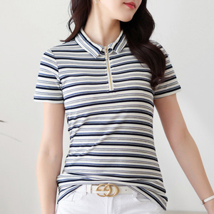 蓝色条纹半拉链翻领短袖t恤女polo衫百搭休闲职业上衣修身显瘦夏
