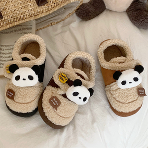 可爱熊猫羊羔毛魔术贴儿童豆豆鞋防滑保暖男童女童户外棉拖鞋冬季