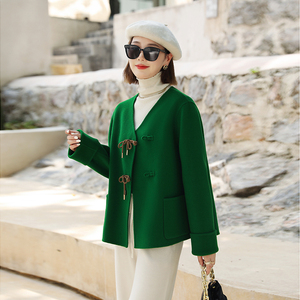 高级感双面羊绒大衣女短款小个子2022无领盘扣毛呢外套100纯羊毛