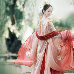 新品齐胸汉服原创重工刺绣古装大裙摆唐代渐变水红色妃子宫装裙