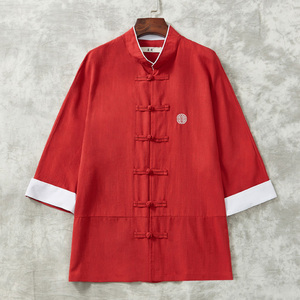 夏季七分袖亚麻衬衫男立领唐装纯色中国风棉麻小褂对襟褂子麻上衣