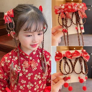 过年汉服头饰女童中国风发夹小女孩古风假发辫子头花发卡儿童发饰