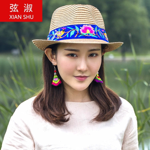民族风绣花帽子女防晒夏季礼帽编织帽小檐刺绣女士夏天秋
