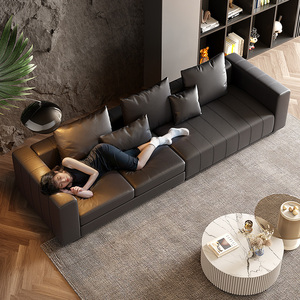 掘素真皮沙发意式极简皮艺钢琴键沙发客厅头层牛皮黑色直排沙发