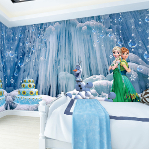 冰雪奇缘蓝色壁纸卡通艾莎公主儿童房男孩女孩卧室墙纸3d背景墙布