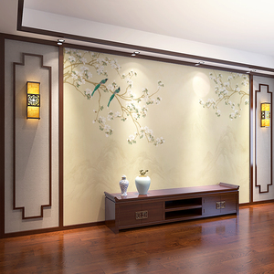 现代新中式客厅电视背景墙壁纸定制壁画古典沙发墙布花鸟影视墙纸