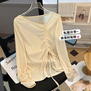 不规则长袖防晒t恤女秋季新款设计感小众抽绳褶皱收腰薄款上衣服