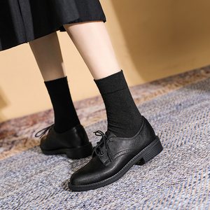 黑色正装上班小皮鞋女软底平底粗跟英伦风系带面试西裤职业皮鞋女