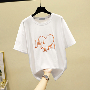 宽松刺绣白色t恤女短袖2021夏装新款韩版字母爱心图案大码上衣潮