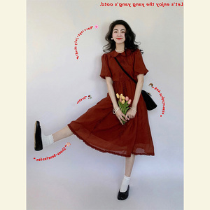 小个子少女感穿搭2024夏装法式复古娃娃领高端精致红色棉麻连衣裙