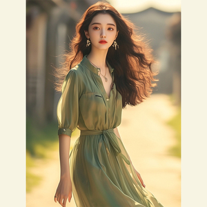 新中式小立领那不勒斯长裙超仙女薄荷曼波风绿色雪纺连衣裙女夏季