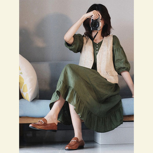 薄荷曼波风法式气质桔梗长裙两件套装别致独特绿色棉麻连衣裙女夏