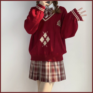 本命年服饰套装学院风jk制服红色毛衣加格子百褶裙子两件套女秋冬
