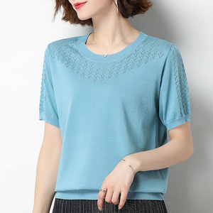 冰丝针织衫短袖t恤女夏装2020新款宽松缕空薄款显瘦妈妈上衣洋气