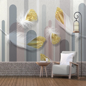 现代简约几何图案金色立体羽毛轻奢背景墙客厅卧室影视墙纸壁画