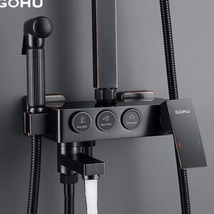 德国gohu卫浴全铜欧式黑色仿古按键浴室淋浴淋雨恒温花洒套装家用