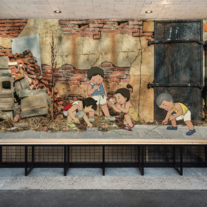 复古怀旧80 90年代老式饭店壁纸致青春工业风水泥墙火锅餐厅墙纸