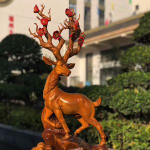 香樟木雕刻摆件根雕木雕天然鹿一路平安客厅工艺品招财一鹿有你