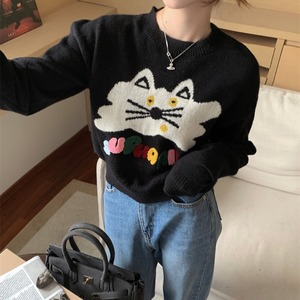 短款毛衣女秋冬季2022新款设计感可爱猫咪图案元气少女套头针织衫