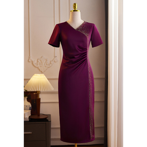 紫色V领改良旗袍妈妈喜服喜婆婆婚宴装2024新款夏季礼服高贵显瘦