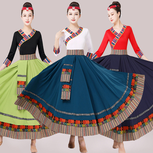 新款藏族舞蹈演出服装女民族风艺考半身裙臧族舞蹈练习大摆裙全
