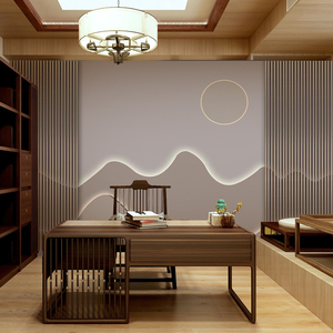 3d立体新中式办公室墙纸竖条木格栅墙布茶室背景墙会所养生馆壁纸