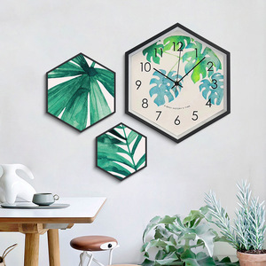 创意六边形挂画 组合挂钟画 客厅沙发背景墙装饰画创意壁画带钟表