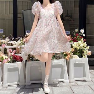 蓬蓬裙女2022夏季新款甜美法式茶歇碎花欧根纱泡泡袖蛋糕裙仙女裙