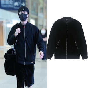 香港专柜潮流男装王嘉尔明星同款衣服长袖宽松丝绒夹克拉链外套冬