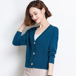 迪图敦羊毛开衫女毛衣早秋装2021年新款v领小外搭披肩针织外套