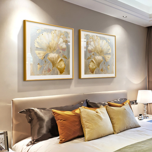 美式卧室床头挂画现代简美轻奢高级感客餐厅背景墙壁装饰画银杏叶