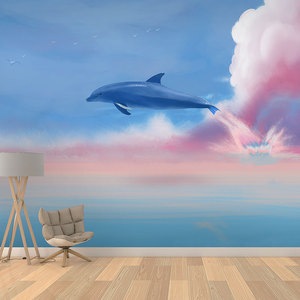 3d手绘蓝色粉色梦幻鲸鱼海豚墙纸客厅沙发墙布女孩卧室儿童房壁纸