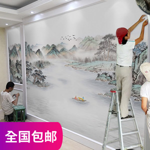 中式电视背景墙壁纸家用现代简约客厅装饰壁画9d山水墙纸影视墙布