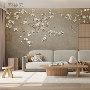 中式手绘复古定制壁画布花鸟影视壁布书房沙发电视背景墙壁纸卧室
