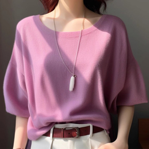 时尚休闲短袖多巴胺穿搭上衣女夏季新款圆领通勤粉紫色冰丝针织衫