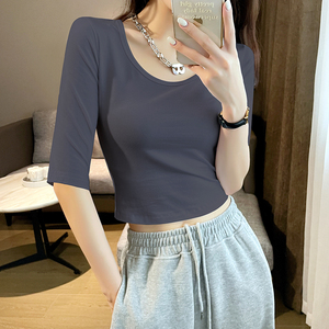 灰色t恤女短款中袖设计感小众体恤女士韩版高腰紧身短袖半袖上衣