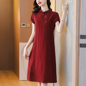 红色香云纱连衣裙女士夏季2023年新款新中式中年妈妈改良旗袍裙子