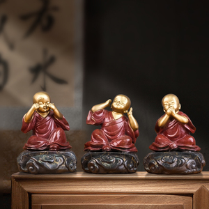 铜金岁月禅意三不小和尚不听不看不说创意可爱桌面书房铜摆件饰品