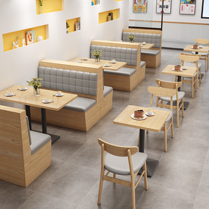 咖啡厅茶餐厅汉堡店奶茶店餐饮饭店食堂靠墙板式卡座沙发桌椅组合