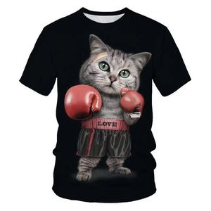 夏季新款运动动物可爱猫图案3D印花圆领短袖T恤衣服男女T恤体恤潮