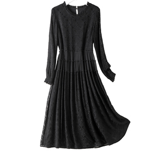 ladidasy气质女神真丝刺绣连衣裙秋季新款优雅桑蚕丝绣花黑色裙子