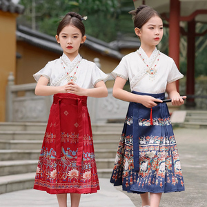 夏季女童短袖中国风T恤马面裙套装复古上衣汉服古装薄款长袖唐装