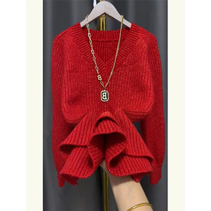今年流行漂亮氛围感本命年新年大红色中长款毛衣女秋冬针织衫欧货