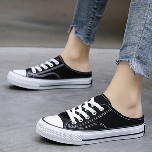 珊堡新款小雏菊无后跟帆布鞋女韩版百搭刺绣板鞋小白鞋透气板鞋