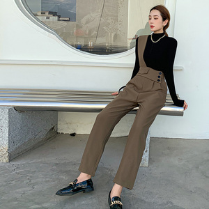 时尚单肩背带裤女2021新款秋装宽松高腰显瘦休闲西裤哈伦背带裤潮