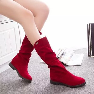红色骑士靴2021秋冬季英伦低粗跟长靴高筒瘦瘦女靴子厚平底中长筒